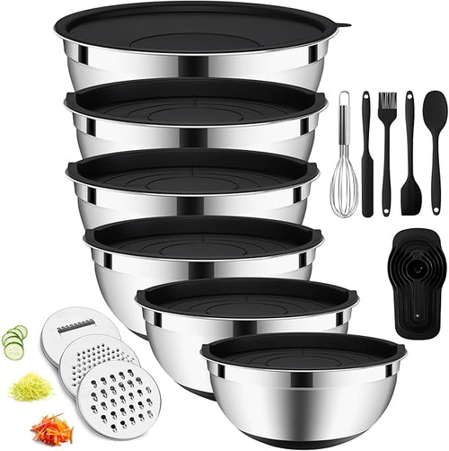 20-Piece Mixing Bowl Set with Airtight Lids, 6 Stainless Steel Bowls (5–1.1QT), 3 Graters, Non-Slip Silicone Bottoms – Khaki