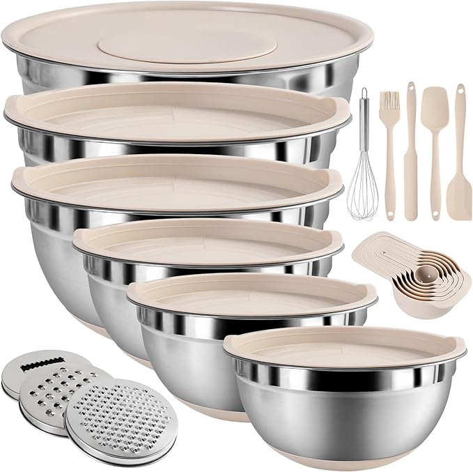 20-Piece Mixing Bowl Set with Airtight Lids, 6 Stainless Steel Bowls (5–1.1QT), 3 Graters, Non-Slip Silicone Bottoms – Khaki